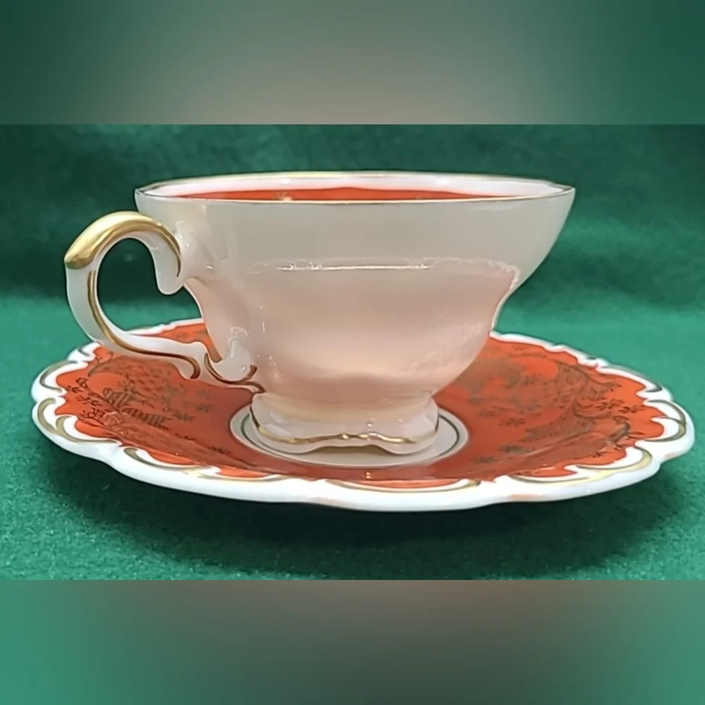 Tea Cup Saucer Lindner Kueps Bavaria Orange and White with gold Bone China‎ rare